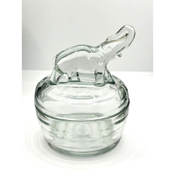 Vintage Jeanette Elephant Crystal Clear Glass Powder Trinket Covered Dish - Picture 3 of 9